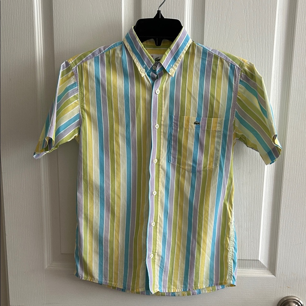 Lacoste Boy’s Vibrant Striped Button Down Short Sleeve Shirt